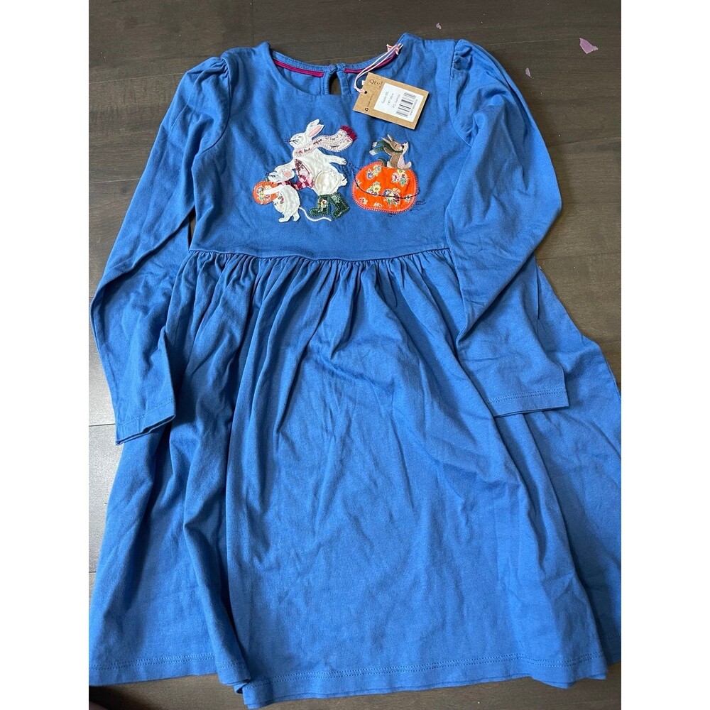 NWT Mini Boden Halloween Pumpkin Fall Appliqué Blue Long Sleeve Dress 7/8